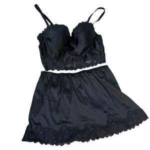 NWT Auden Black Lace Bralette & Skirt Set Large Satin Lingerie
